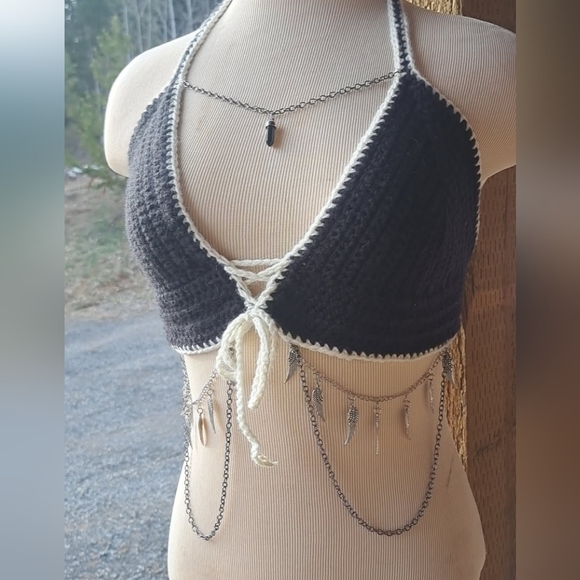 Tops - Black and White Crochet Halter Top
